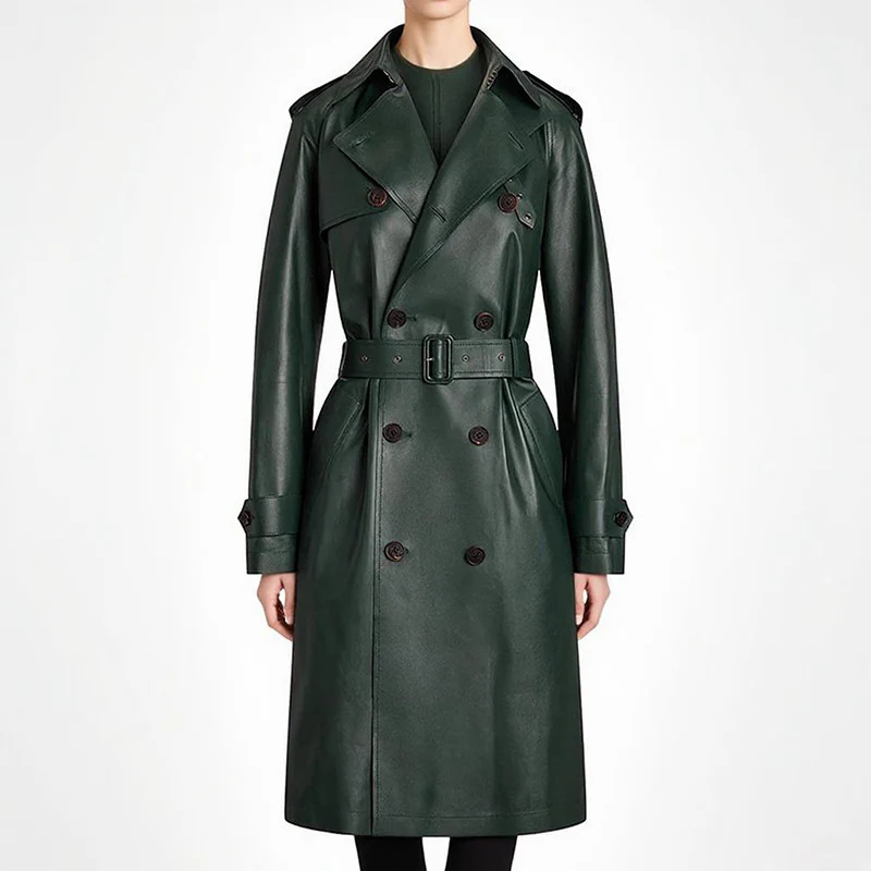 Dark Green Leather Trench Coat