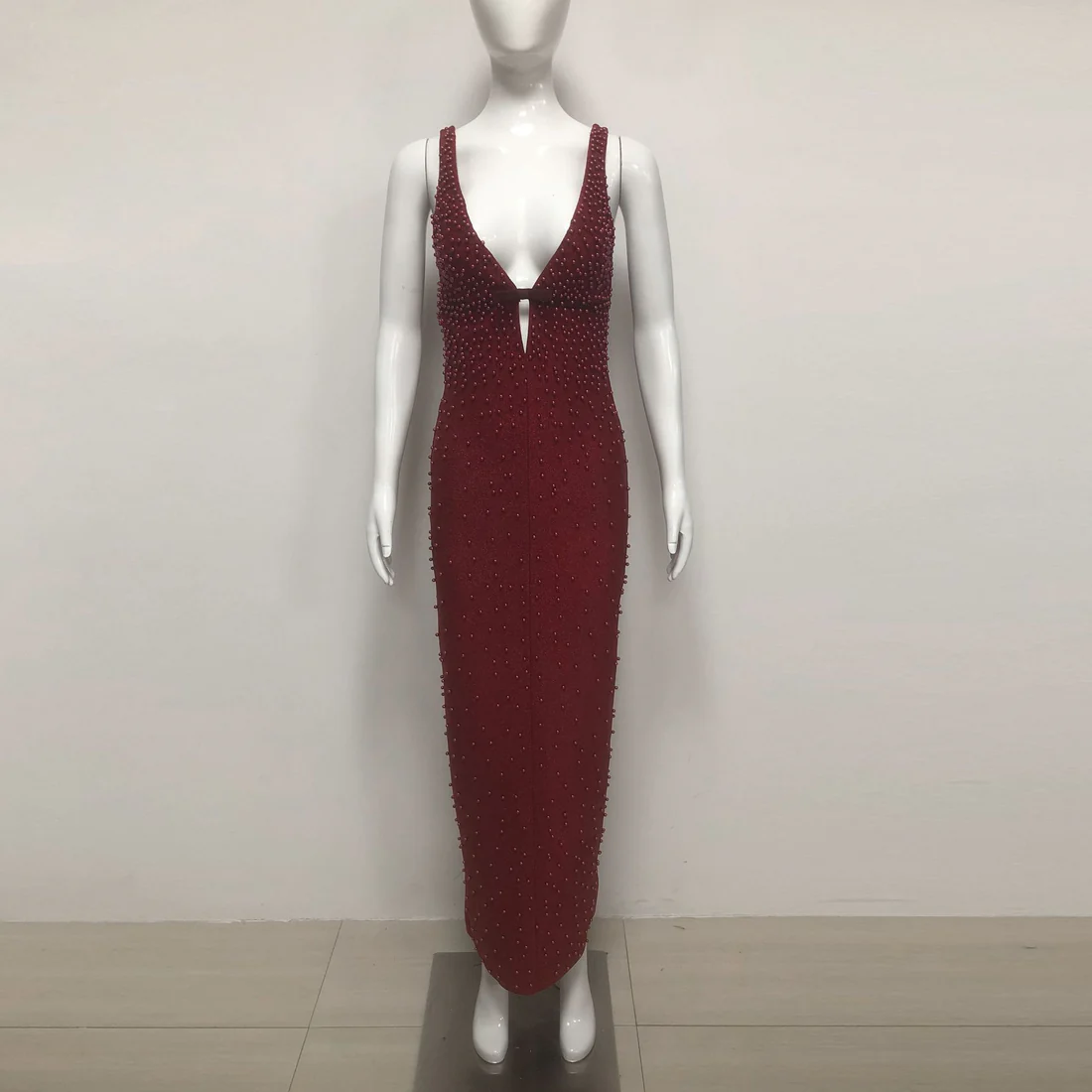 Elegant Burgundy Beaded Evening Dress
