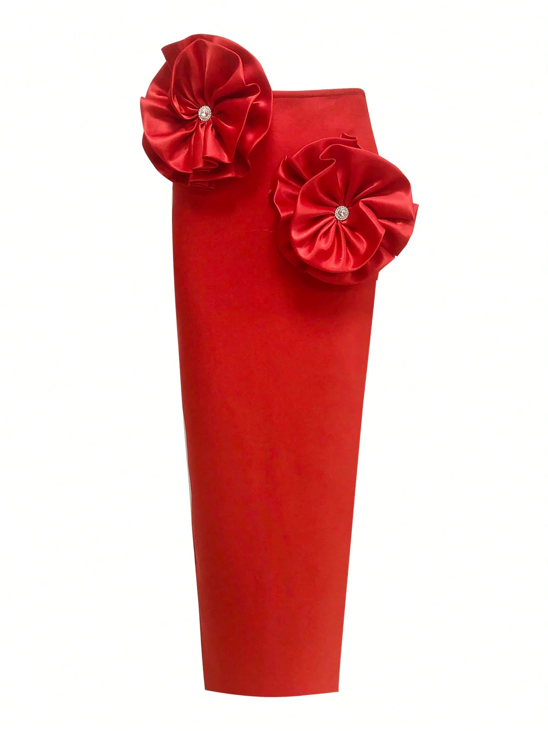 Red Satin Floral Pencil Skirt