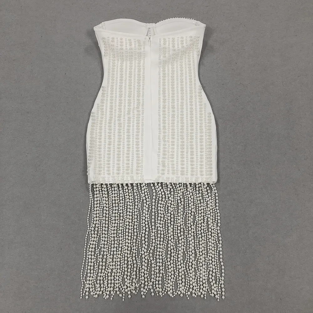 White Pearl Beaded Fringe Dress