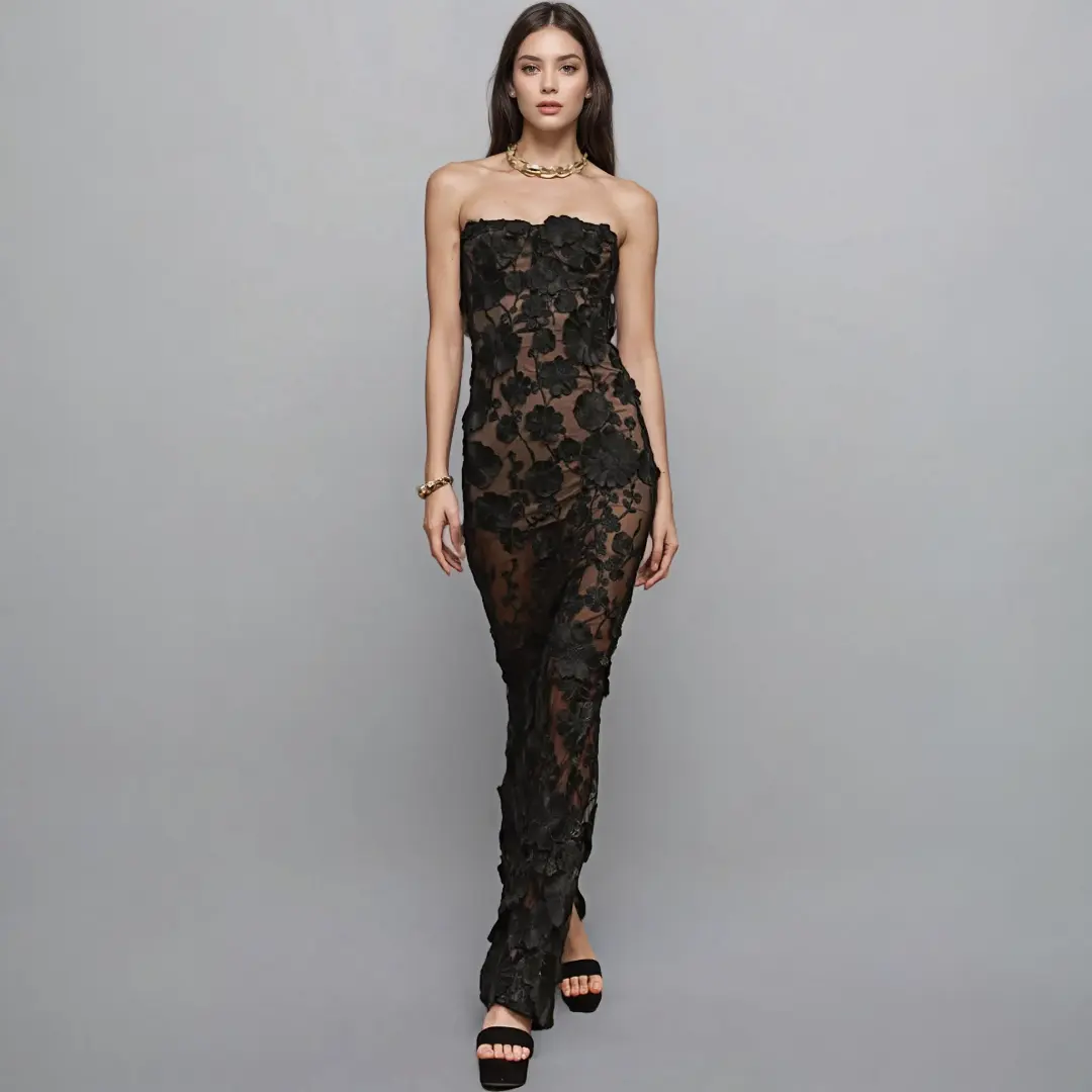 Strapless Black Lace Evening Gown