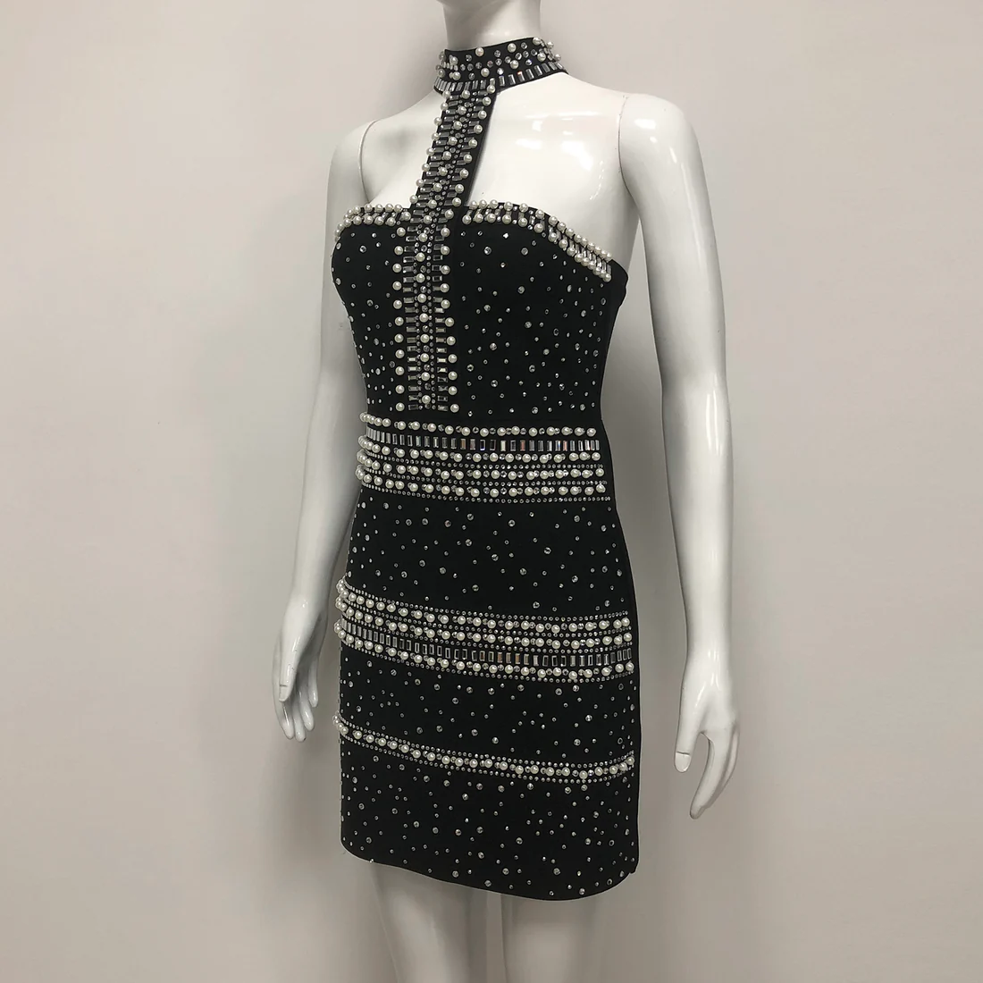 Pearl Embellished Rhinestone Pearl Bodycon Bandage Evening Club Dresses