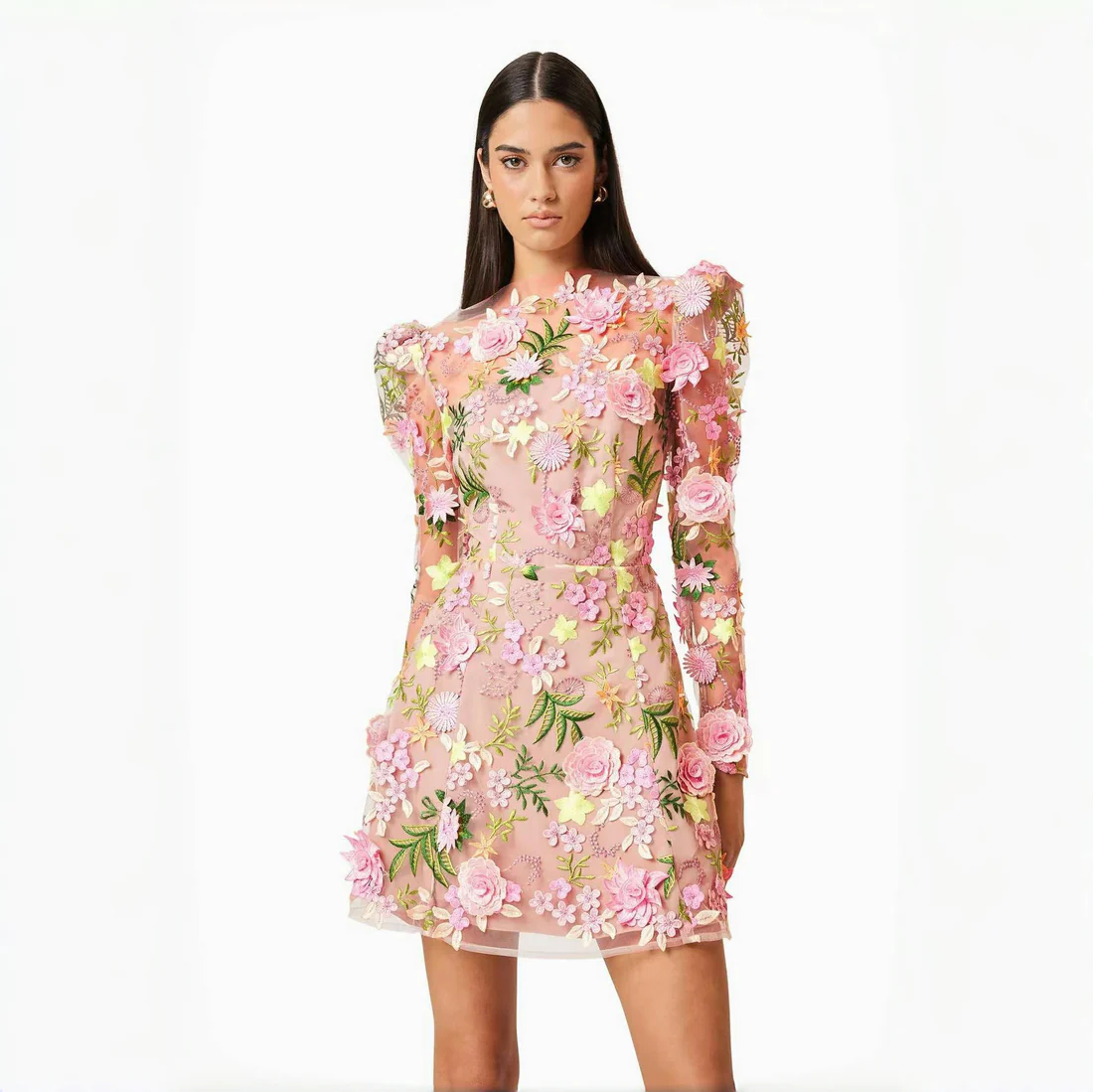 Long-sleeved Mesh Embroidered 3D Flower Dress