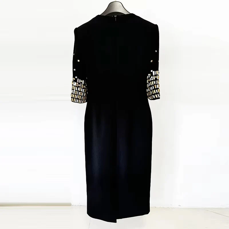 Embellished Sleeve Black Midi Dress