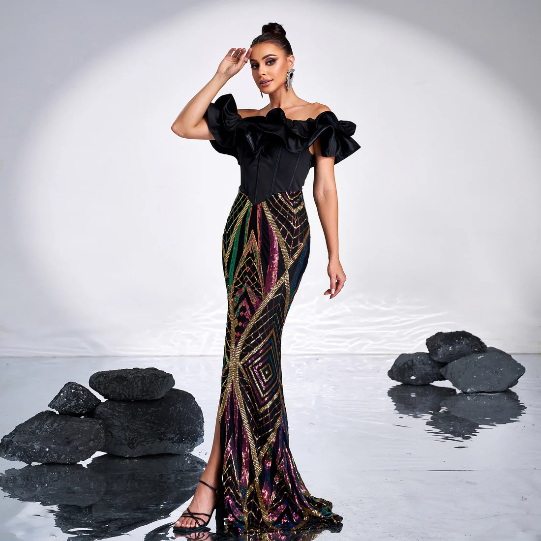 Black Off-Shoulder Sequin Evening Gown