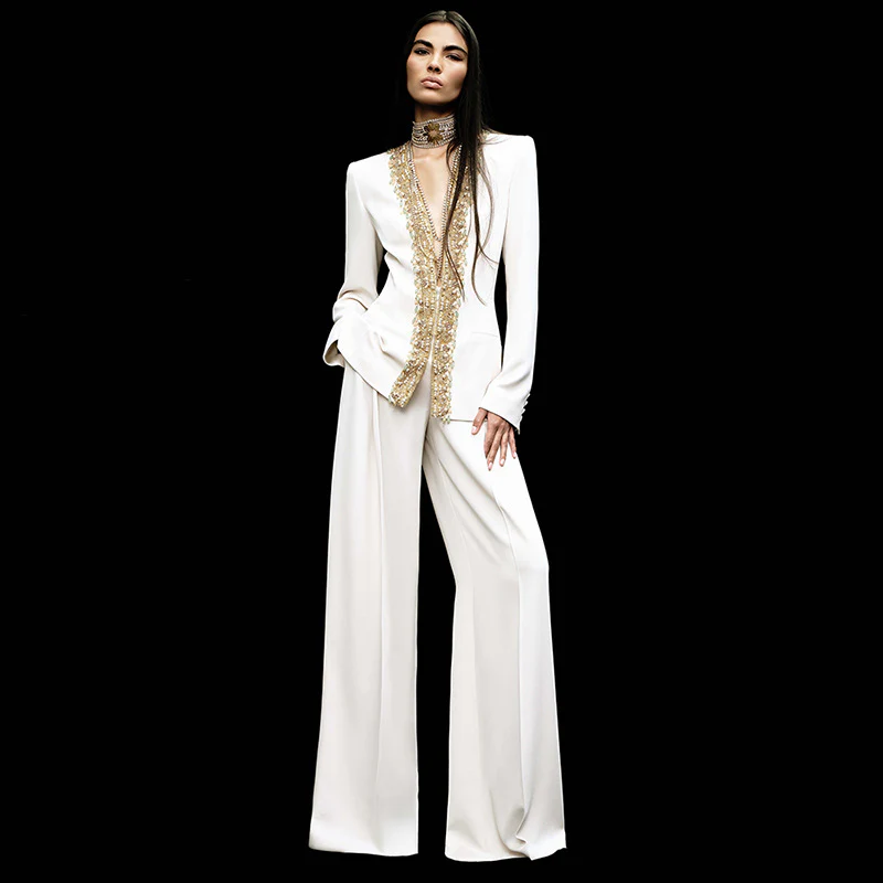 Elegant Formal Evening Wear White Long Sleeve Beaded Gold Trim Blazer Wide Leg Pant Two Piece Set Suits for Women