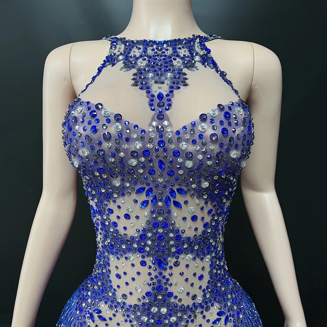 Blue Rhinestone Fringe Dance Bodysuit