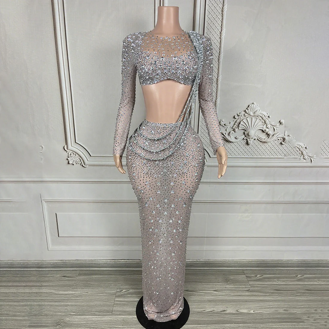 Crystal Embellished Silver Evening Gown