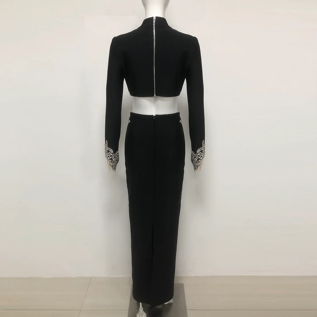 Embellished Black Velvet Evening Dress