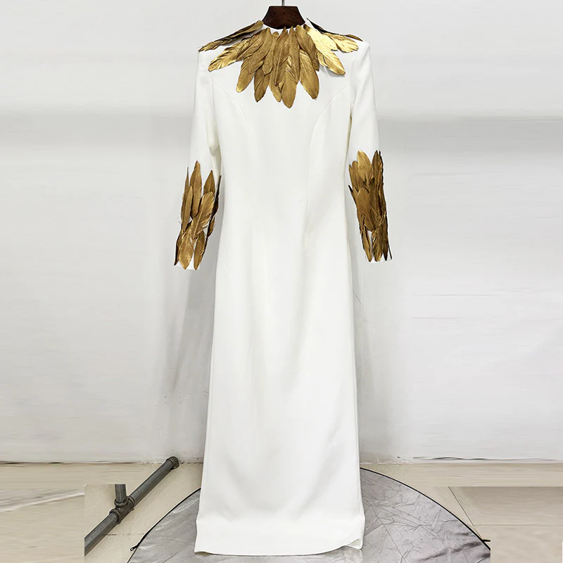 Elegant White & Gold Feather Gown