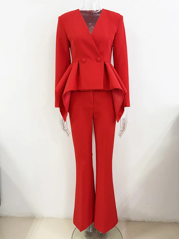 Red Ruffled-Blazer Pant Set