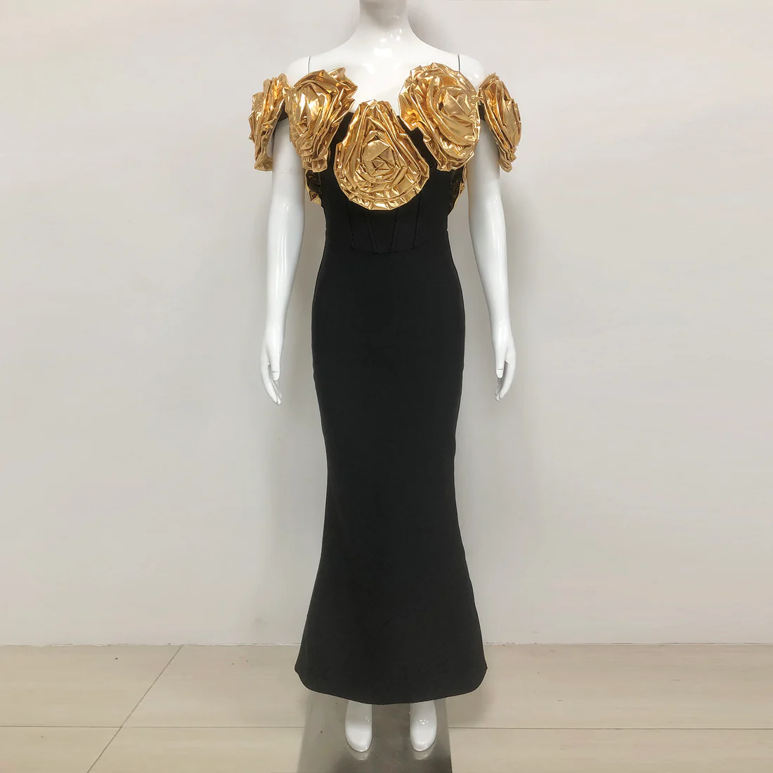 Black Evening Gown with Gold Floral Appliqué
