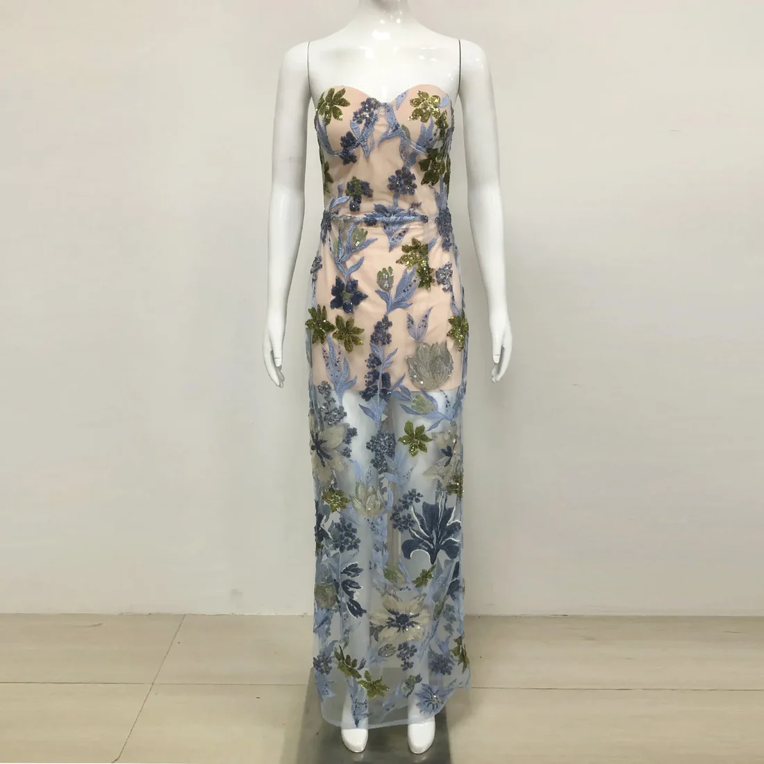 Strapless Floral Embroidered Evening Gown