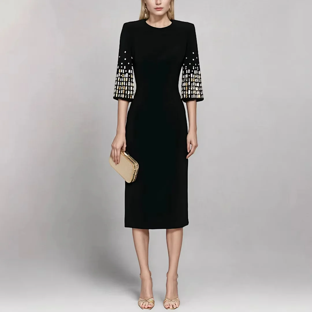 Embellished Sleeve Black Midi Dress