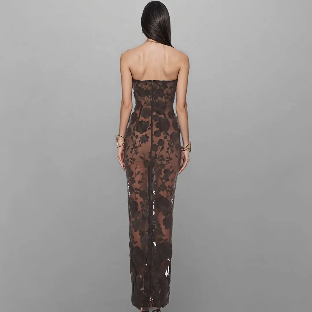 Strapless Black Lace Evening Gown