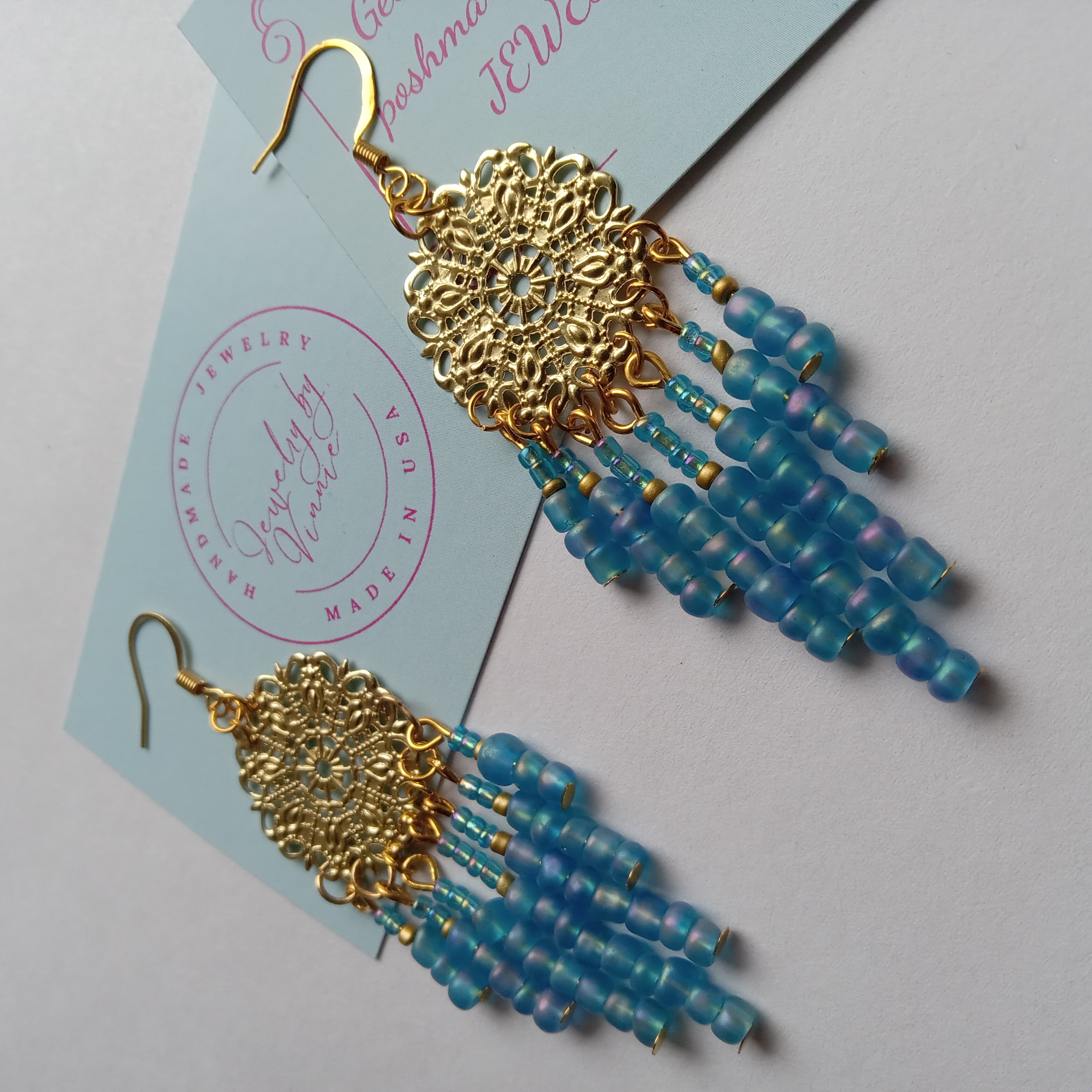 Gold Filigree & Blue Beaded Earrings