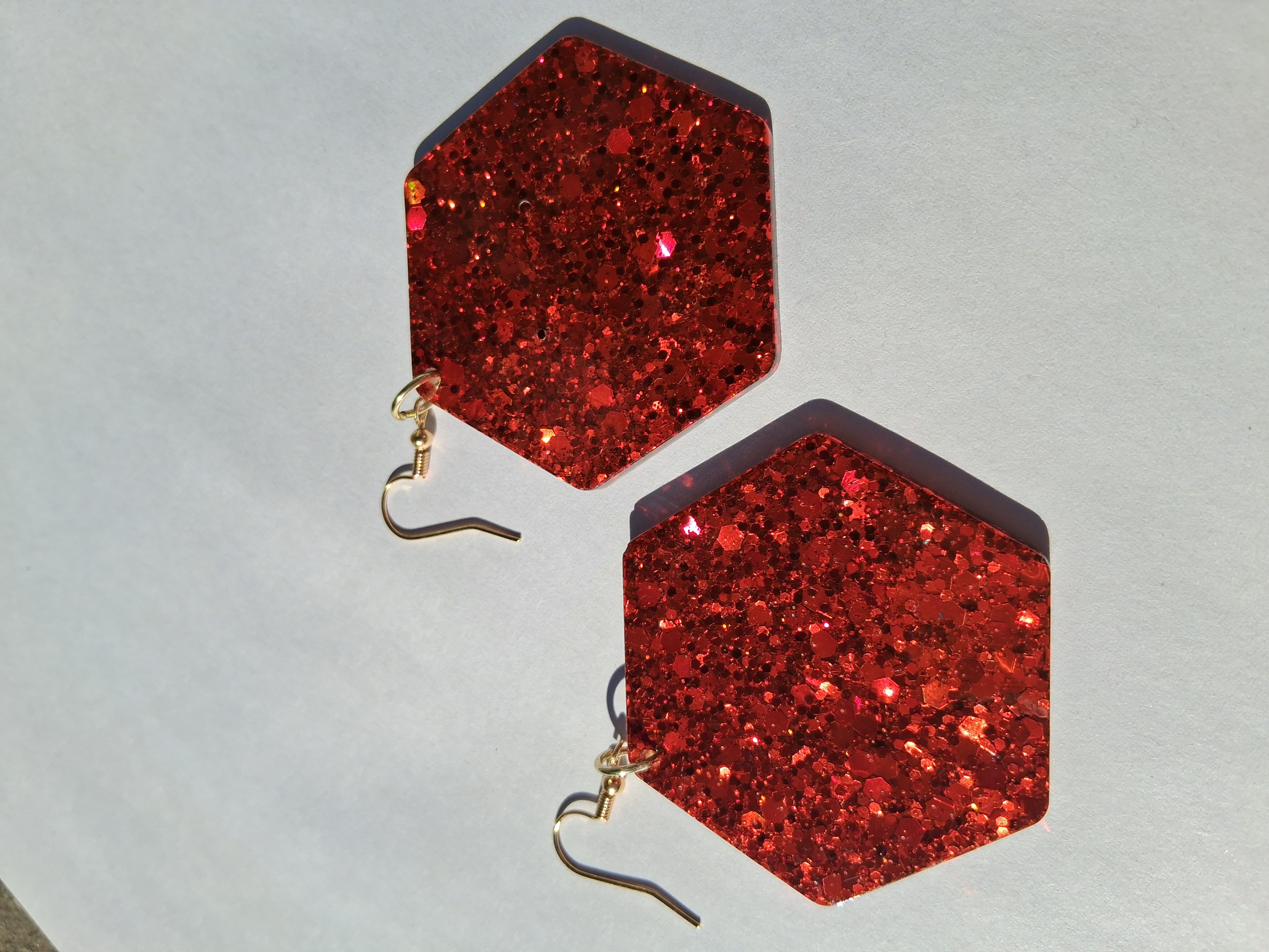 Red Glitter Hexagon Earrings