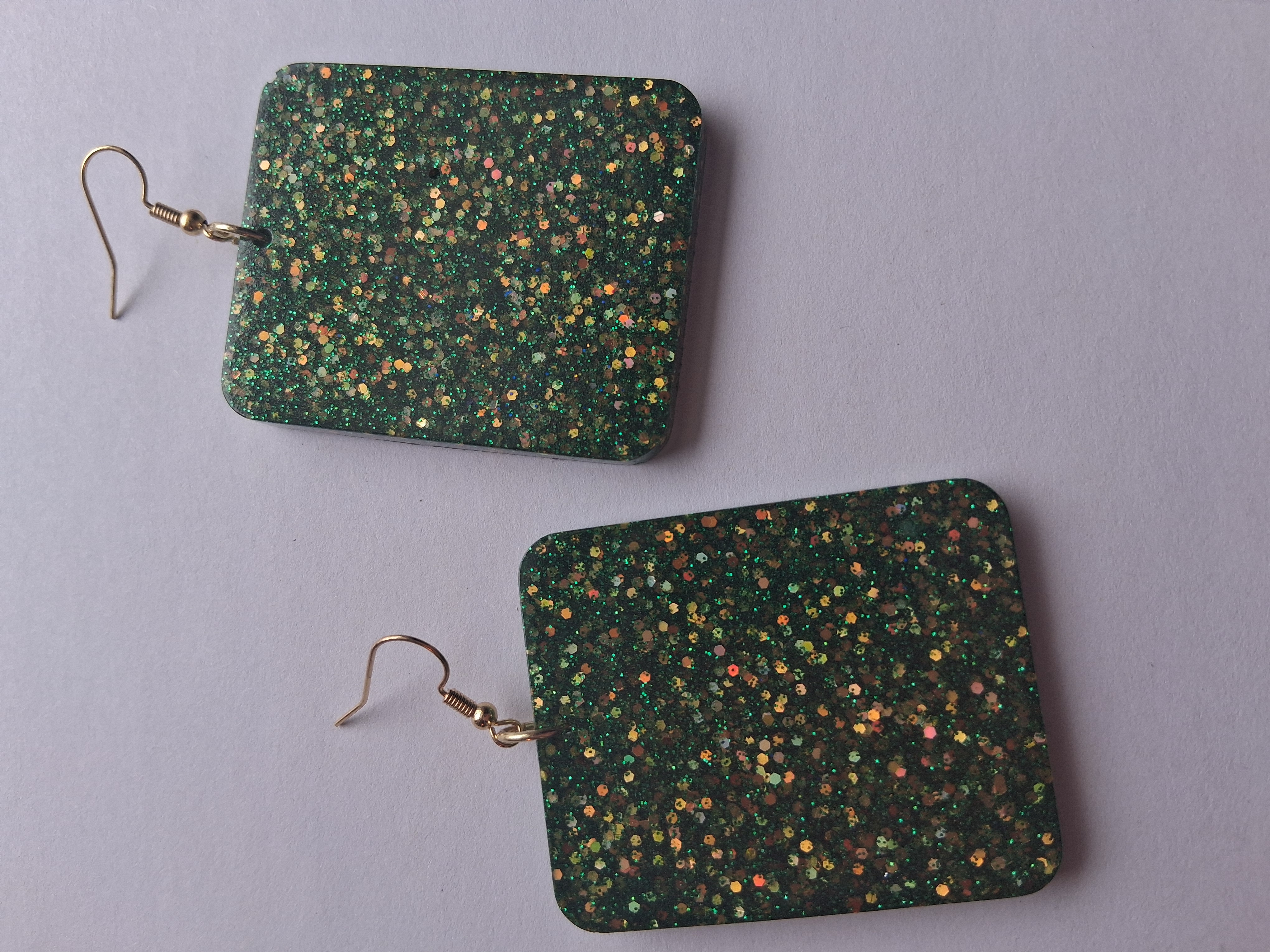 Green Glitter Square Earrings