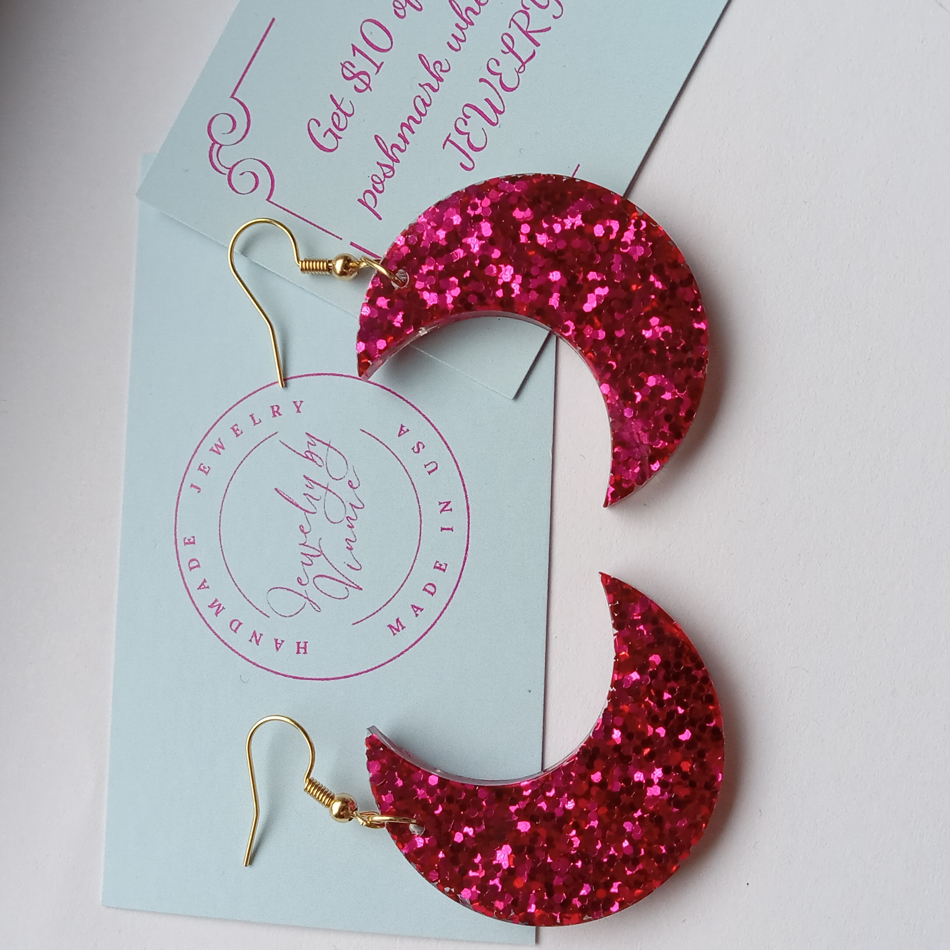 Pink Glitter Crescent Earrings