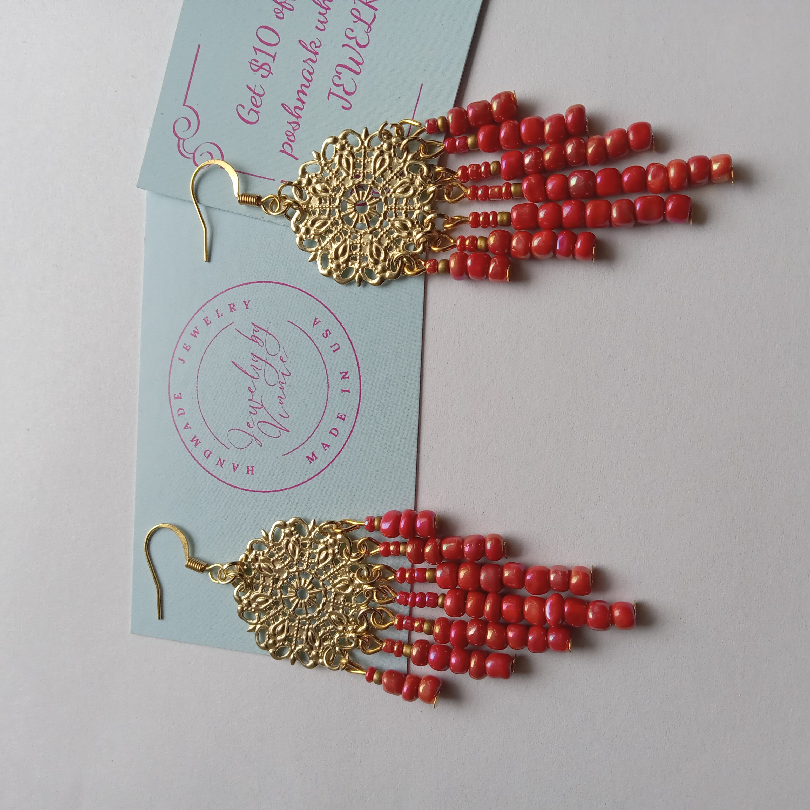 Red Beaded Chandelier Earrings