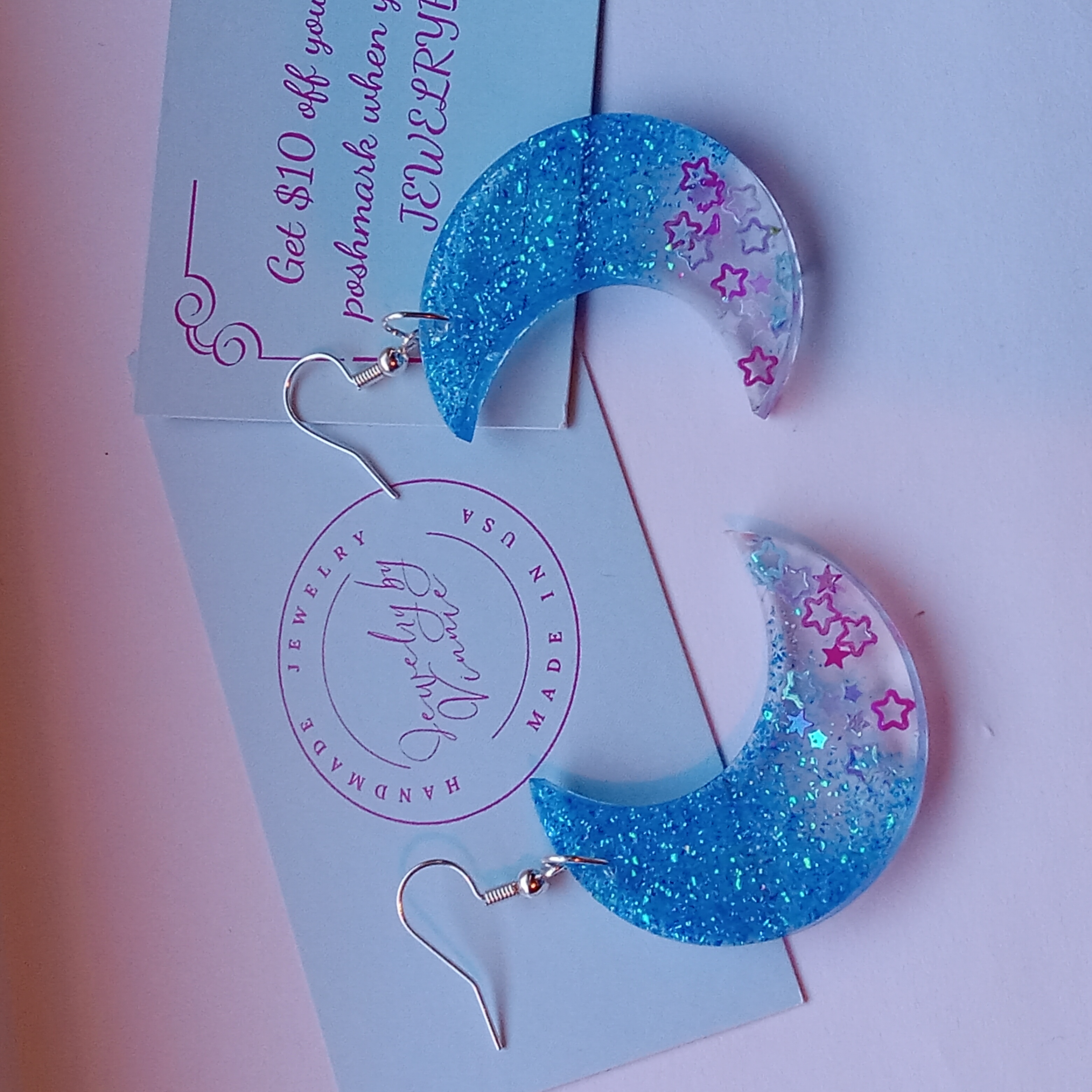 Blue Glitter Crescent Moon Earrings