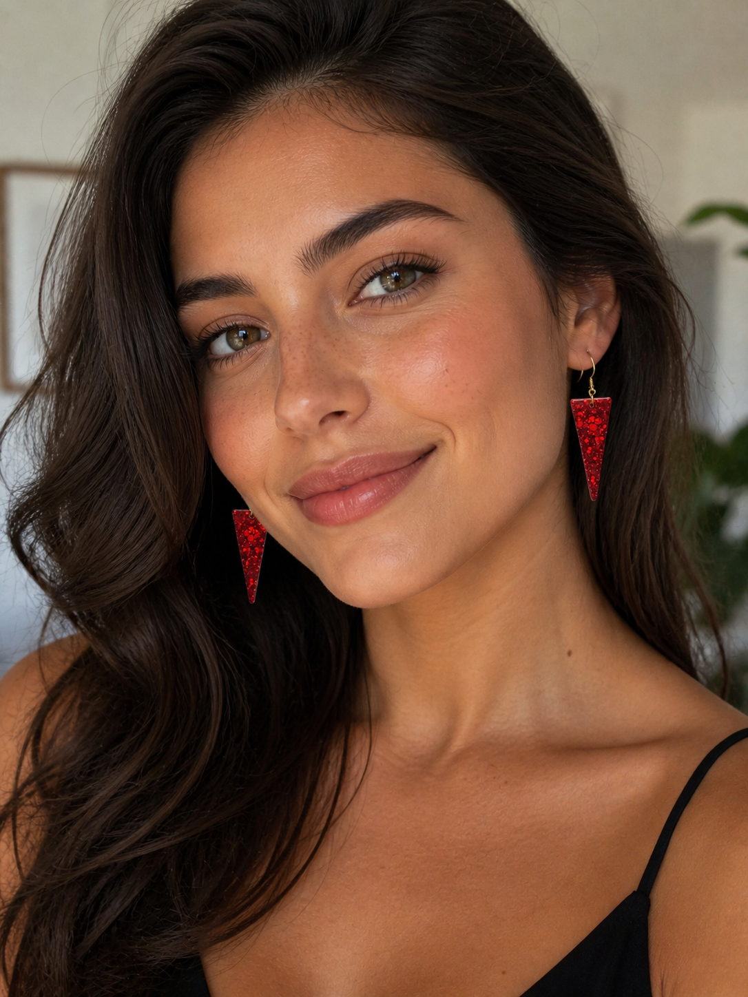 Red Glitter Triangle Earrings
