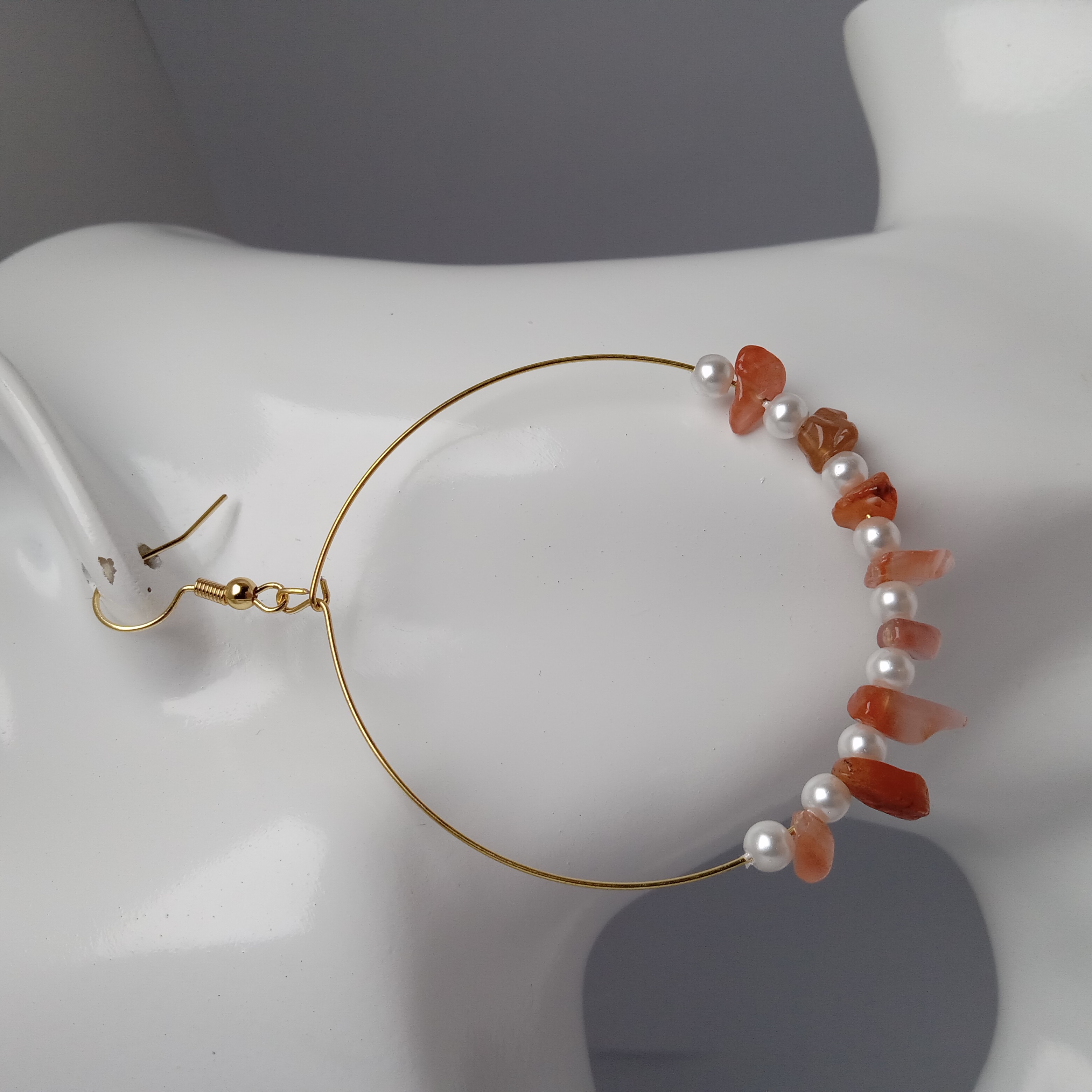 Red Agate & Faux Pearl Hoop Earrings
