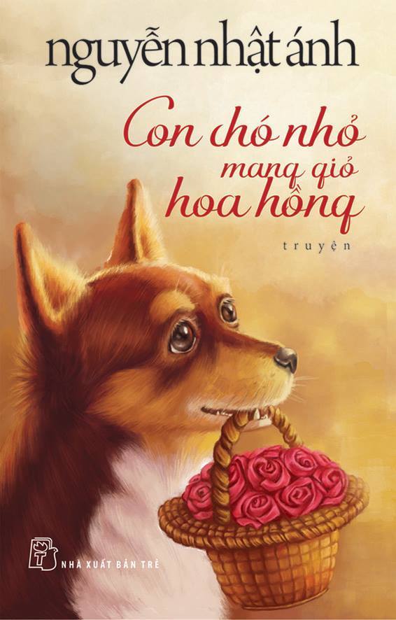 Con chó nhỏ mang giỏ hoa hồng