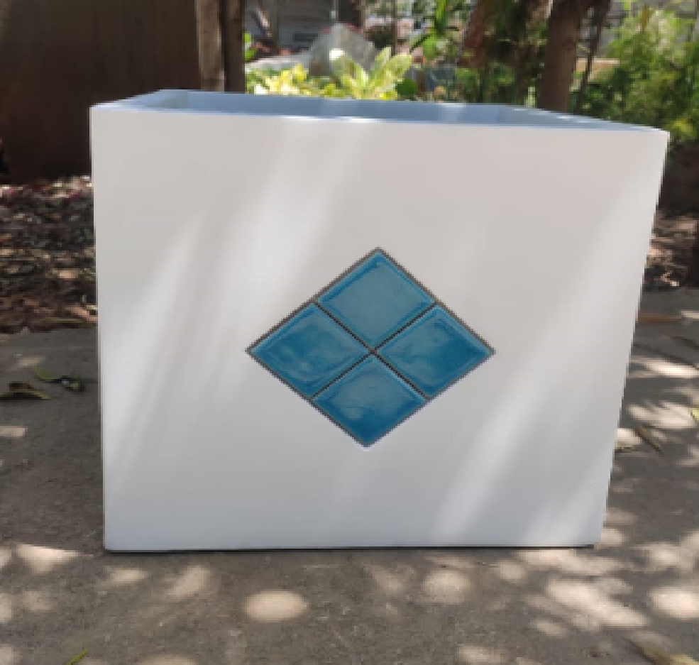 White FRP Planter with Blue Tile Accent patern