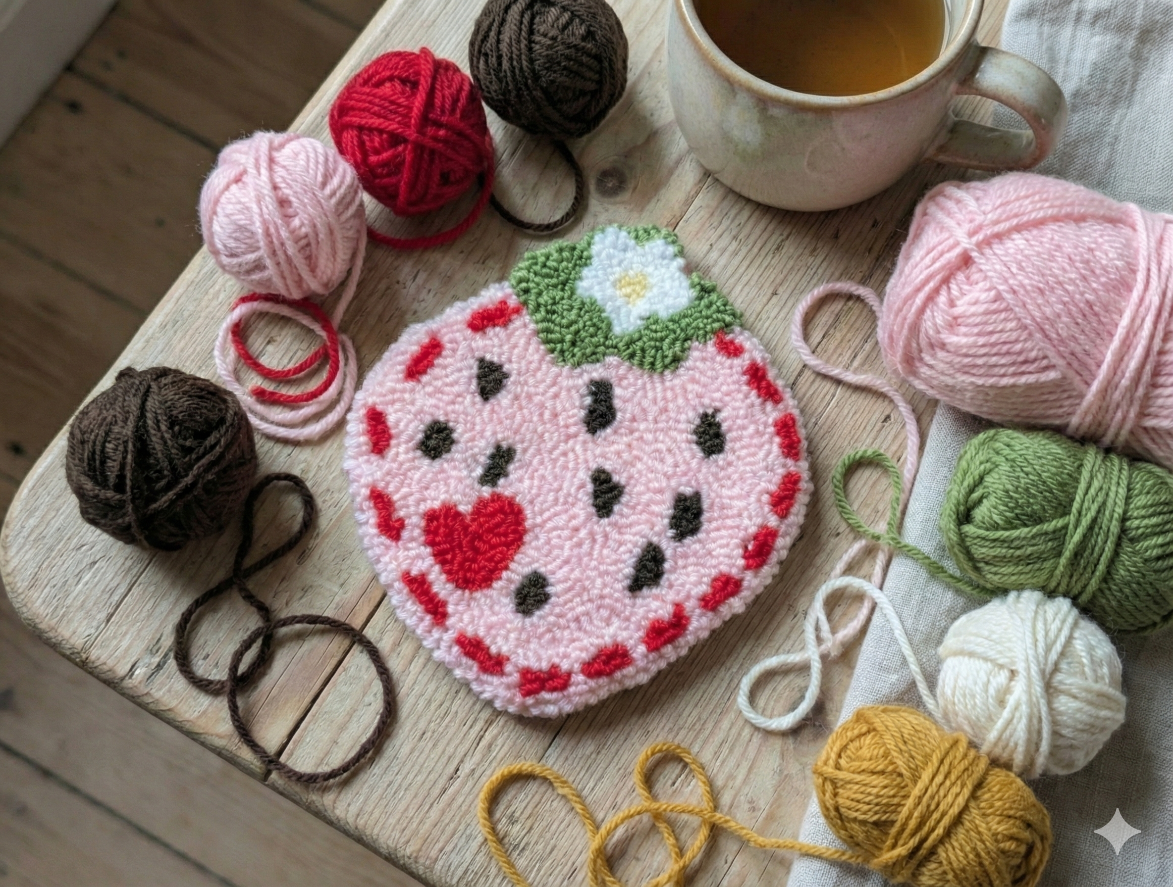 Strawberry Heart Punch Needle Coaster & Wall Art