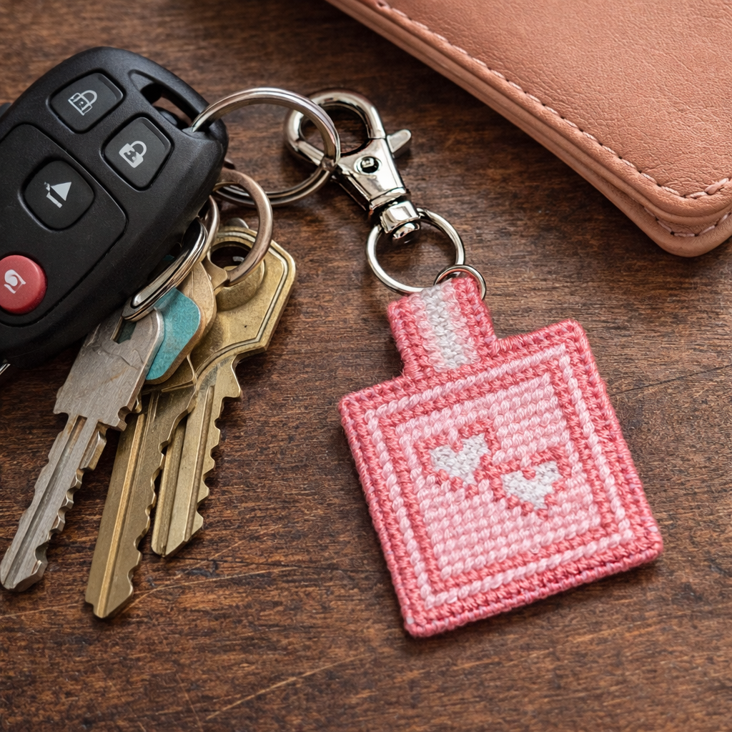 Pink Heart Cross Stitch Keychain – Handmade Gift Charm