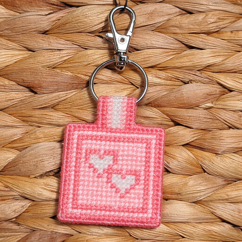 Pink Heart Cross Stitch Keychain – Handmade Gift Charm