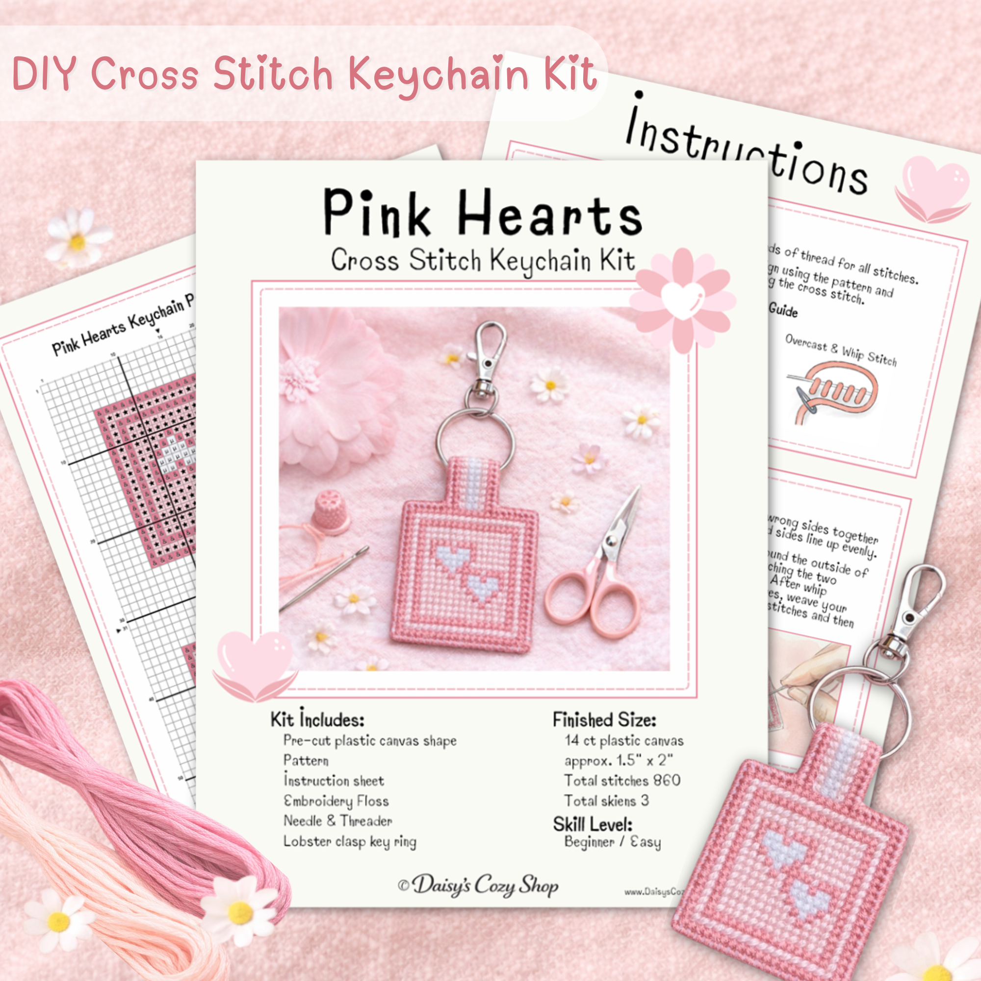 Pink Hearts Cross Stitch Keychain Kit – Beginner DIY Craft Kit