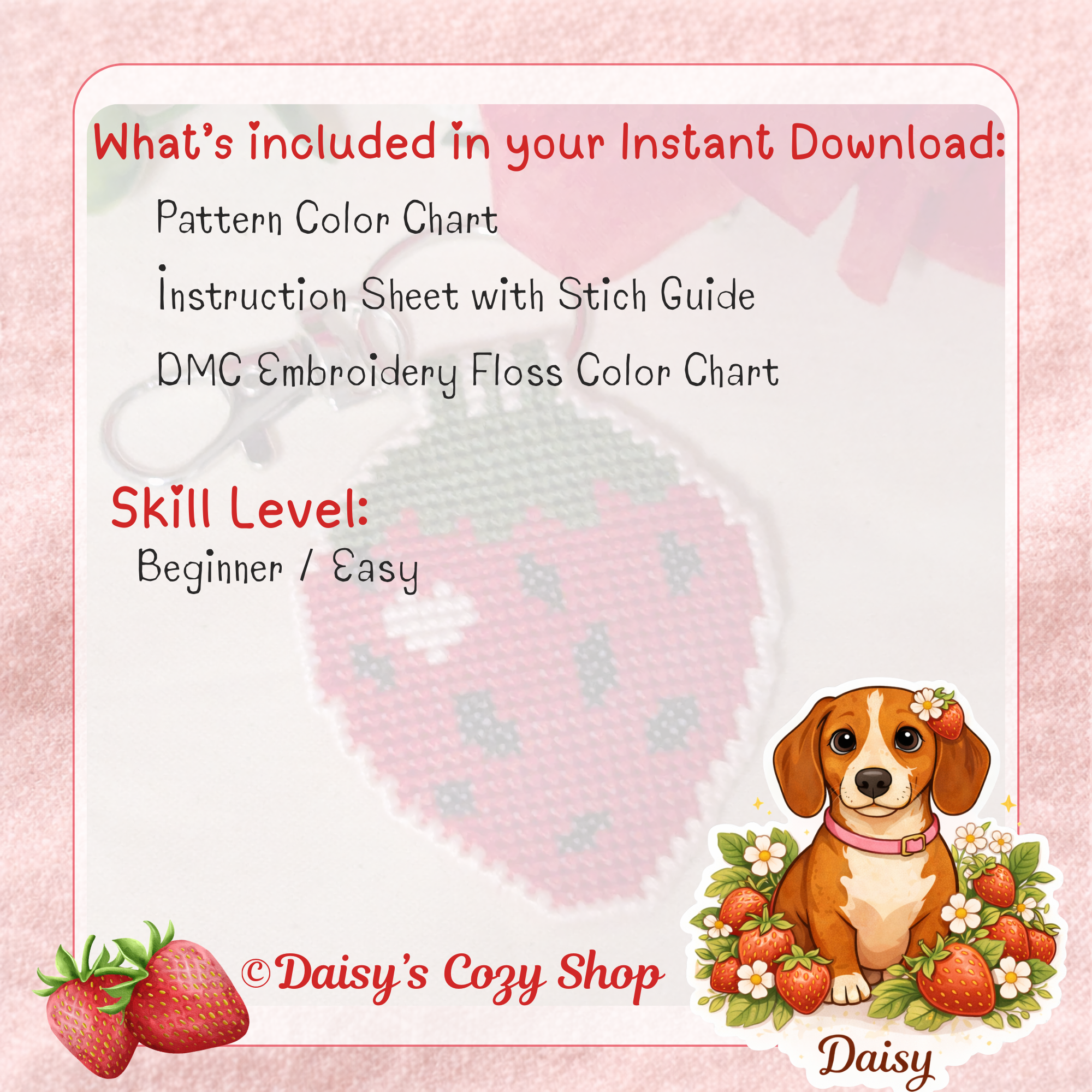 Starwberry Cross Stitch Keychain / Bag Charm Pattern (Instant Download PDF)