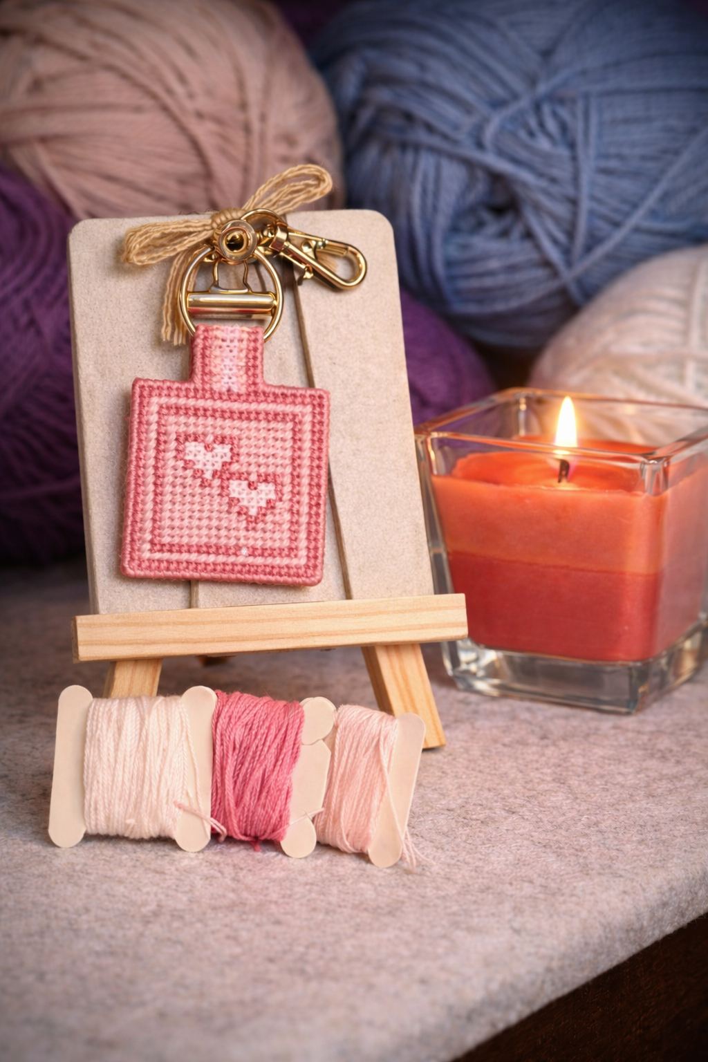 Pink Heart Cross Stitch Keychain – Handmade Gift Charm