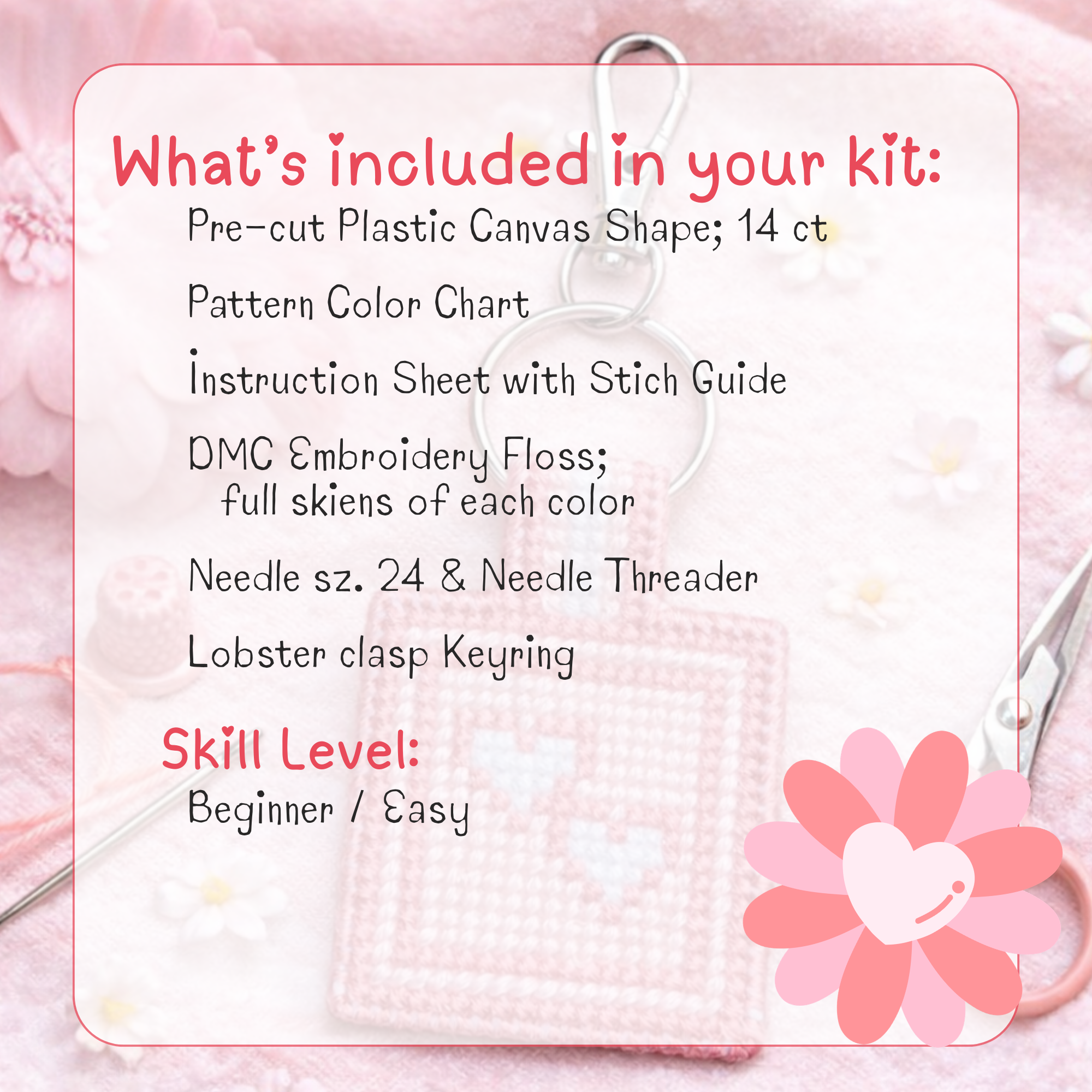 Pink Hearts Cross Stitch Keychain Kit – Beginner DIY Craft Kit
