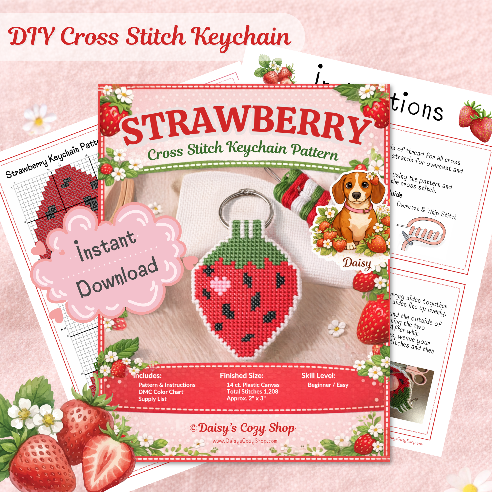 Starwberry Cross Stitch Keychain / Bag Charm Pattern (Instant Download PDF)