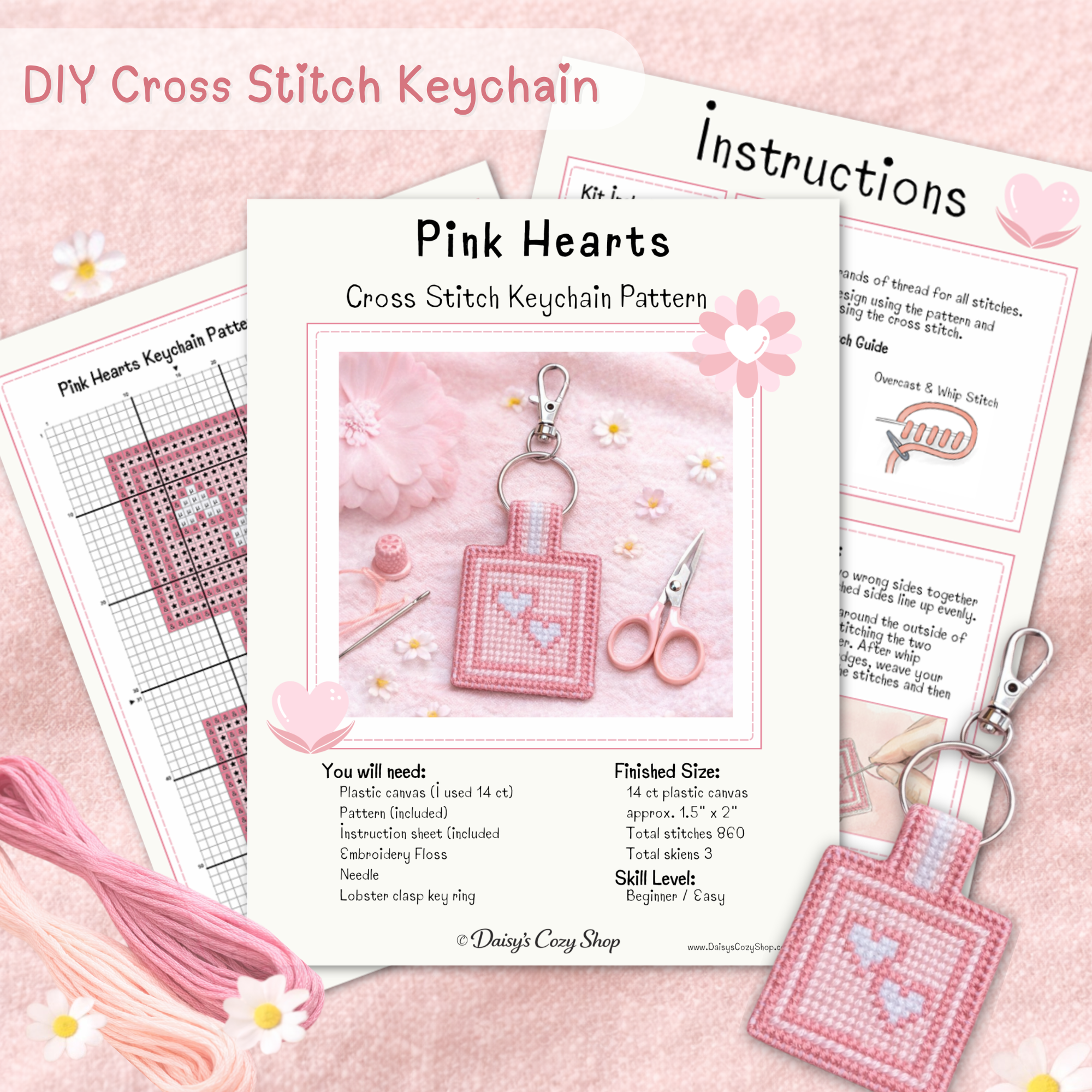 Pink Hearts Cross Stitch Keychain Pattern – Printed Cross Stitch Pattern