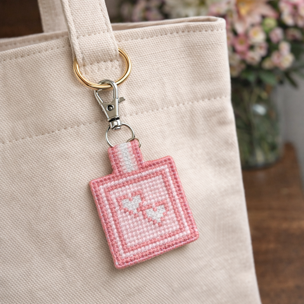 Pink Heart Cross Stitch Keychain – Handmade Gift Charm