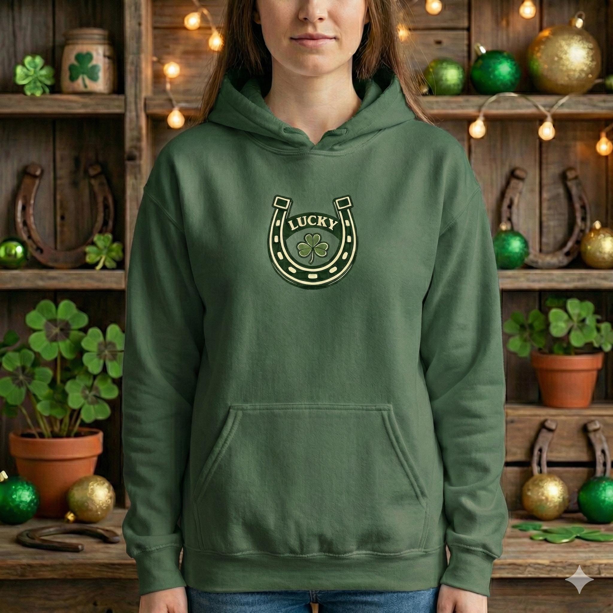 Lucky Horseshoe Hoodie – Shamrock Graphic Pullover, St Patrick’s Day Sweatshirt, Irish Luck Hoodie, Cozy Unisex Hoodie