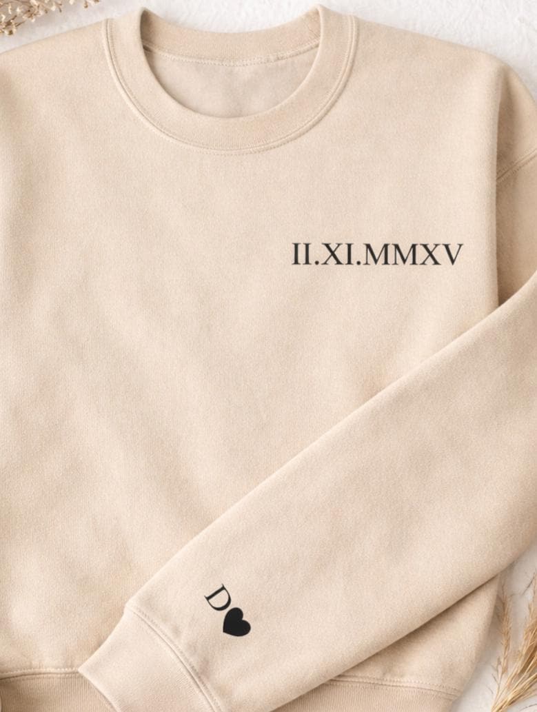 Personalized Roman Date Sweatshirt, Minimal Anniversary Crewneck, Custom Initial Sleeve Hoodie, Couple Date Gift, Aesthetic Unisex Pullover