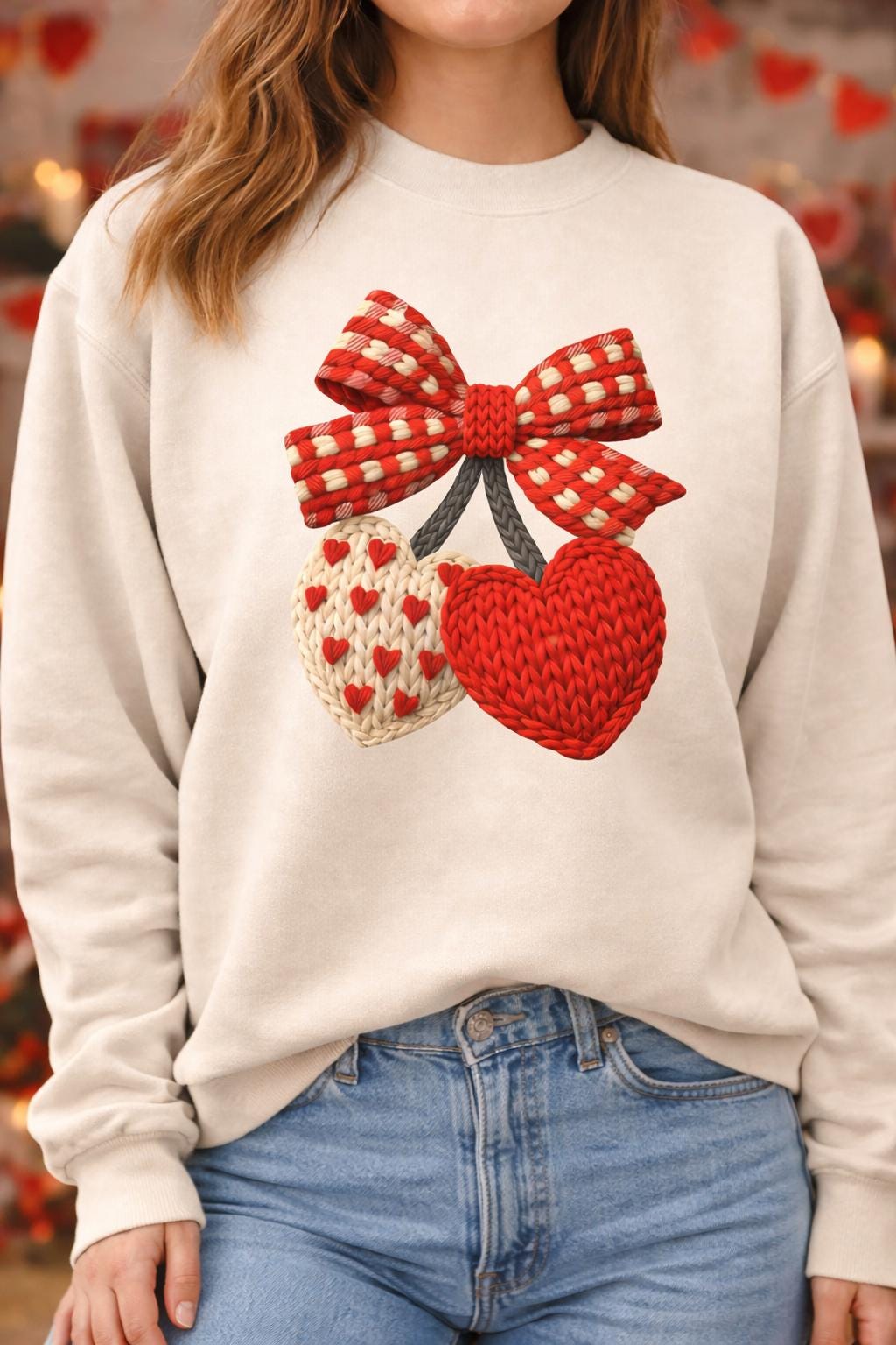 Knitted Heart Bow Sweatshirt, Valentine Sweatshirt, Cozy Romantic Crewneck, Gift for Her, valentine hoodie