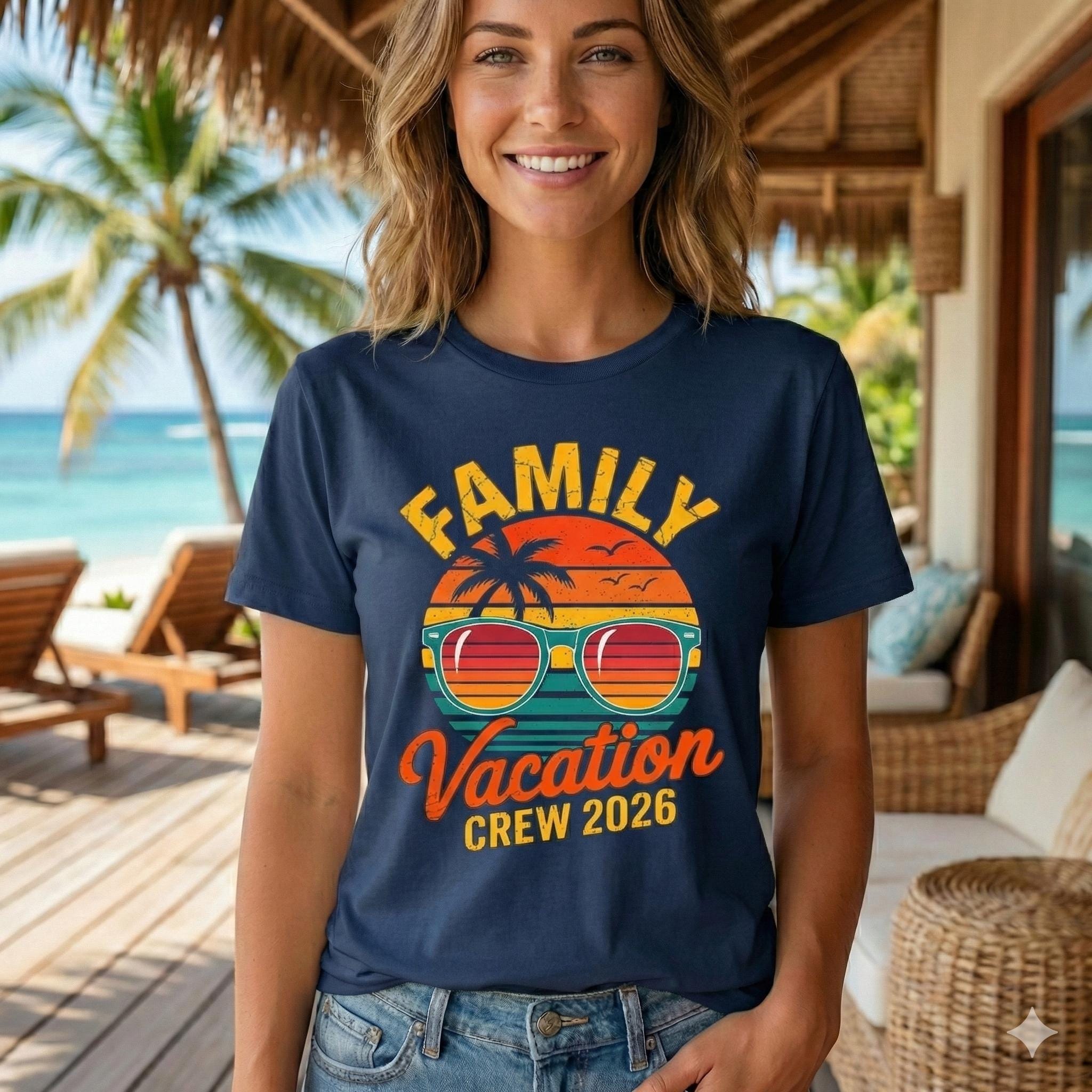 Family Vacation Crew T Shirt Retro Sunset