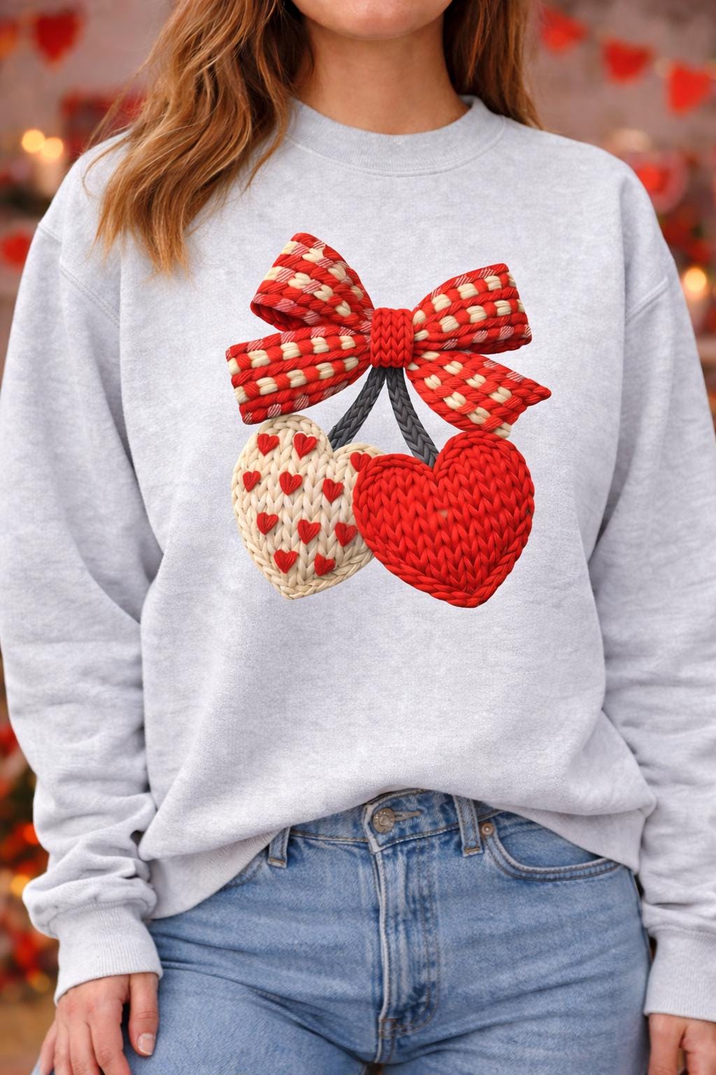 Heart Bow Sweatshirt, Knitted Valentine's Day Pullover