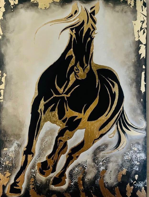 The Golden Momentum | Modern Black & Gold Horse Vastu Painting