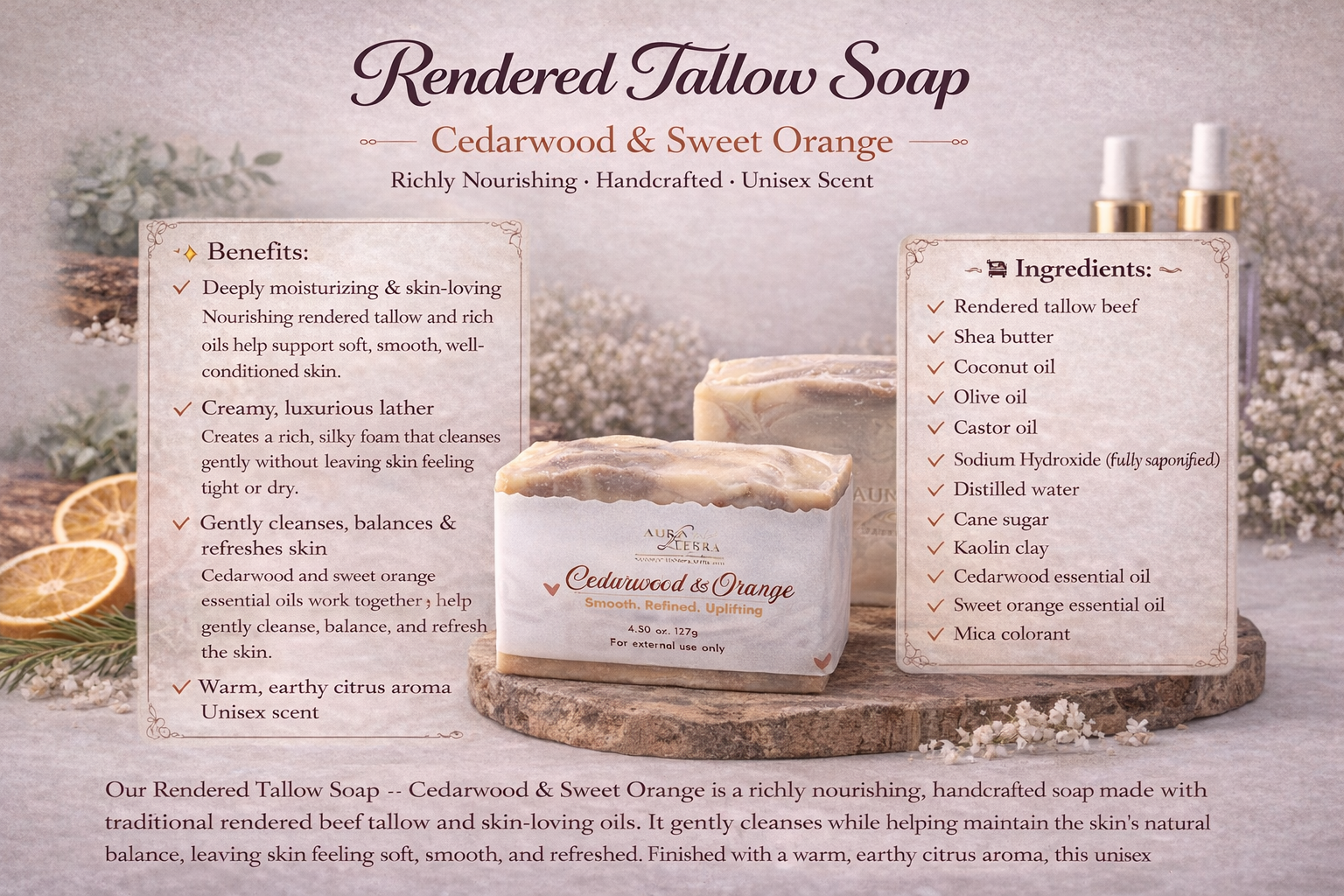 Rendered Tallow Soap ( Cedarwood & Sweet Orange)