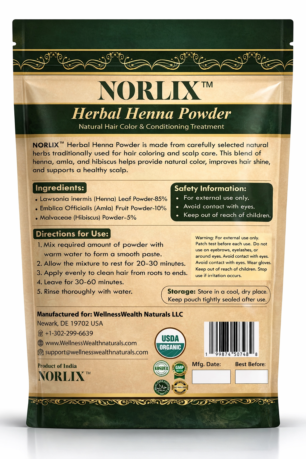 NORLIX™ Organic Herbal Henna Powder with Amla & Neem