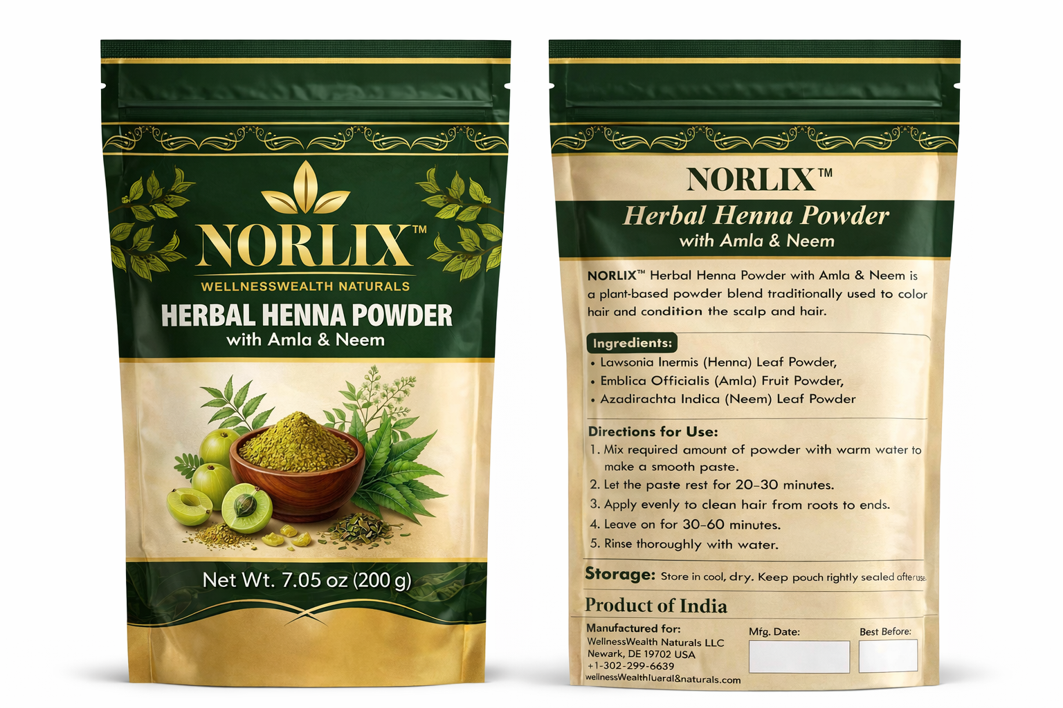 NORLIX™ Organic Herbal Henna Powder with Amla & Neem