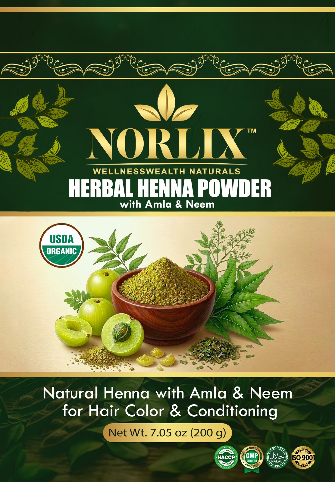 NORLIX™ Organic Herbal Henna Powder with Amla & Neem