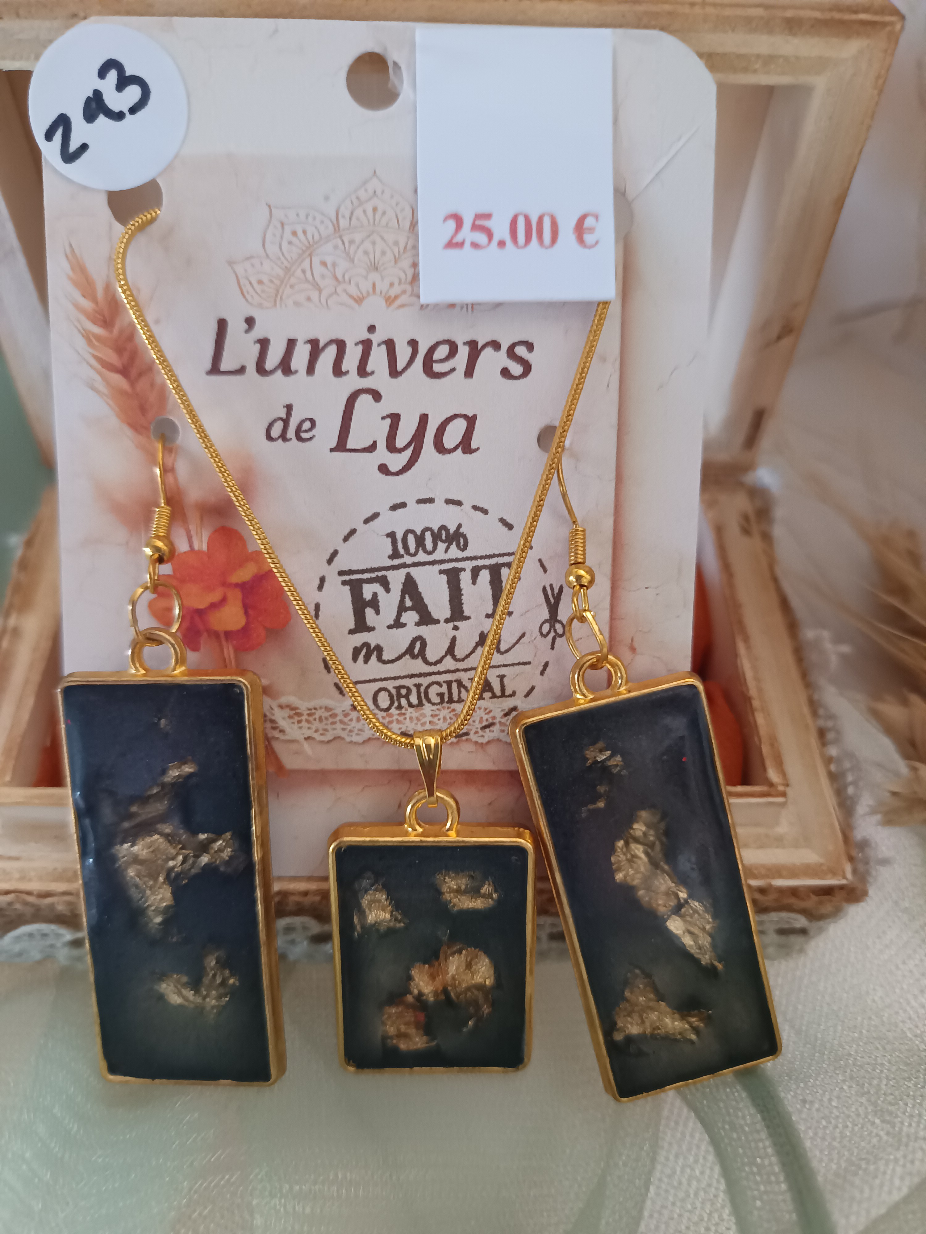 Parure collier et boucles géométriques noir pailleté – Bijou moderne fait main